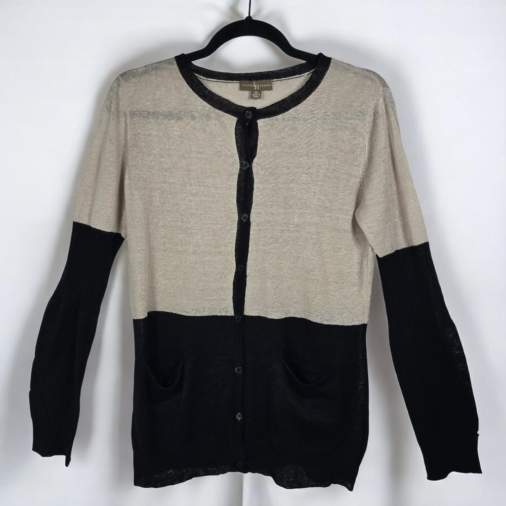 Lauren Hansen Cardigan Woman XS 100% Linen Color Block Button Front Beige Black
